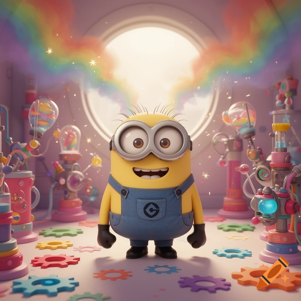 A cheerful minion stands in a whimsical, colorful laboratory with rainbow smoke emanating from the background and gears on the floor.