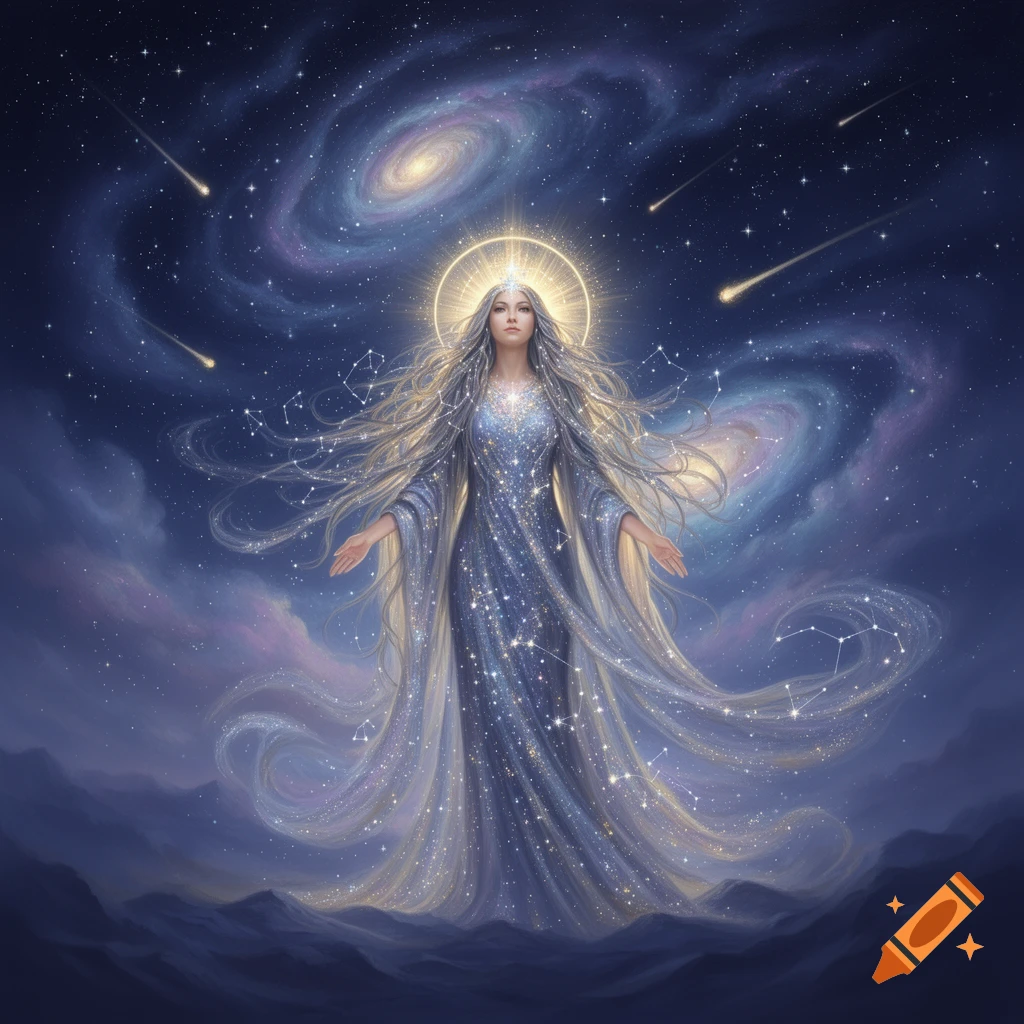 Ethereal goddess with flowing hair and a sparkling dress, standing in a starry night sky with galaxies and shooting stars.
