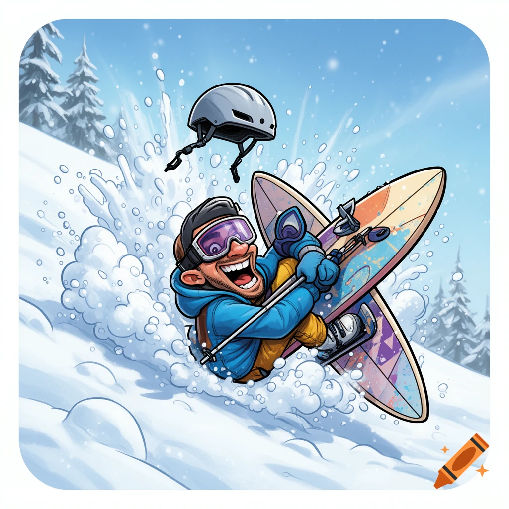 A cartoon man in ski goggles and a blue jacket falls headfirst into powder snow, his helmet flying off, holding ski poles with a snowboard attached to his feet.