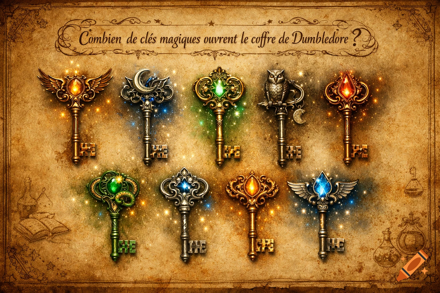 Nine ornate, sparkling magical keys in various designs on an aged parchment background with a French question at the top.
