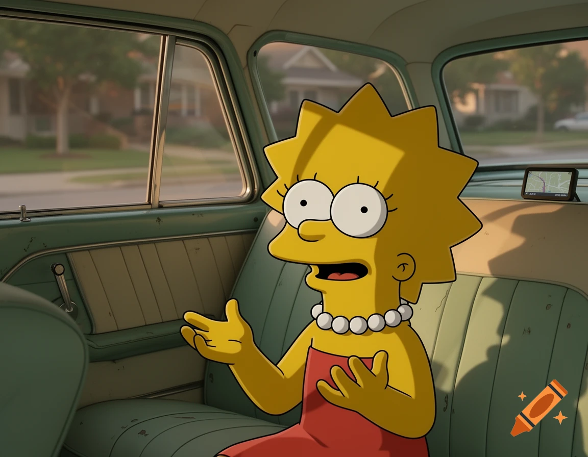 Lisa Simpson, a yellow-skinned cartoon character, sits in the back of a vintage car, talking.