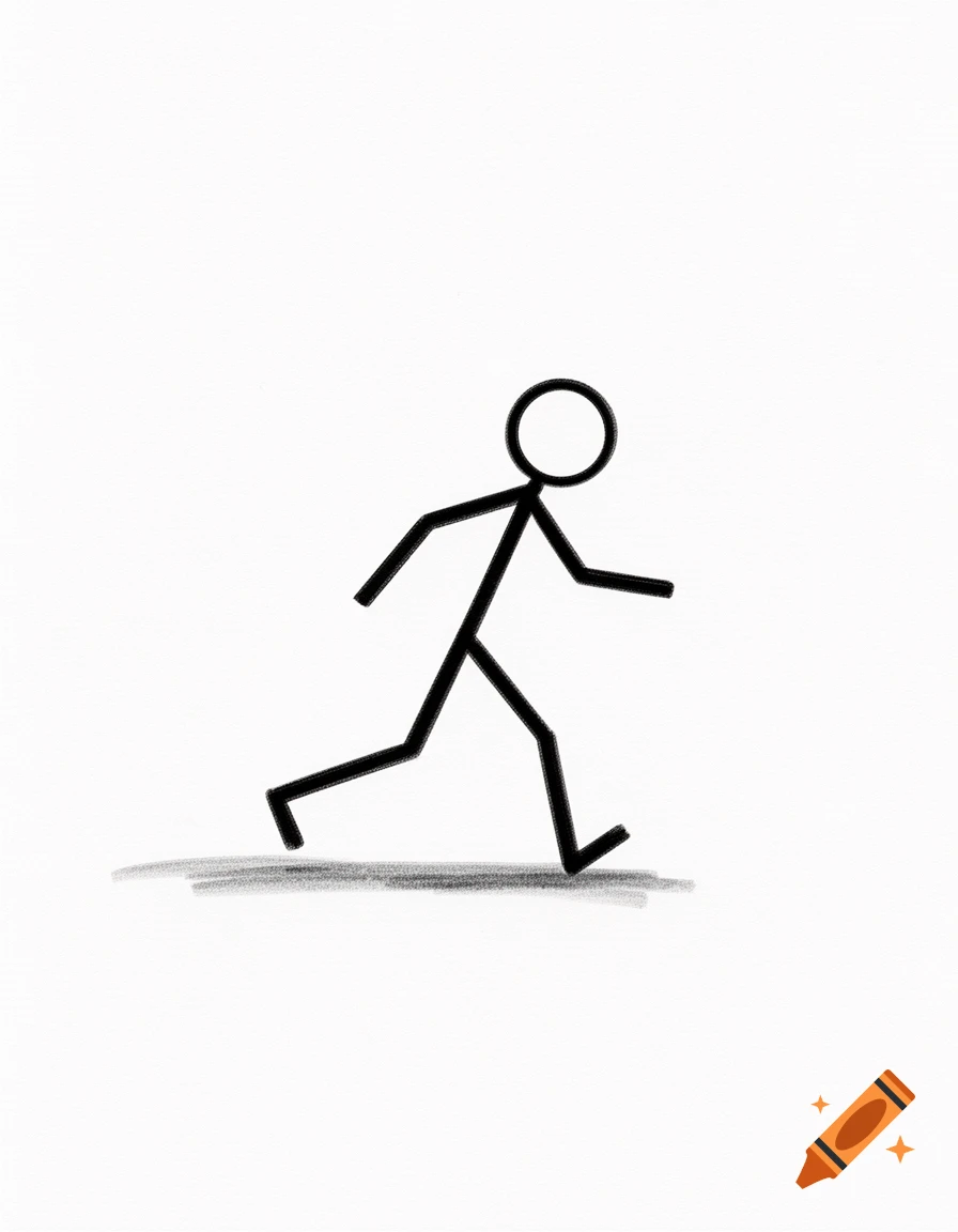 A black stick figure walks or runs across a white background, casting a subtle shadow.