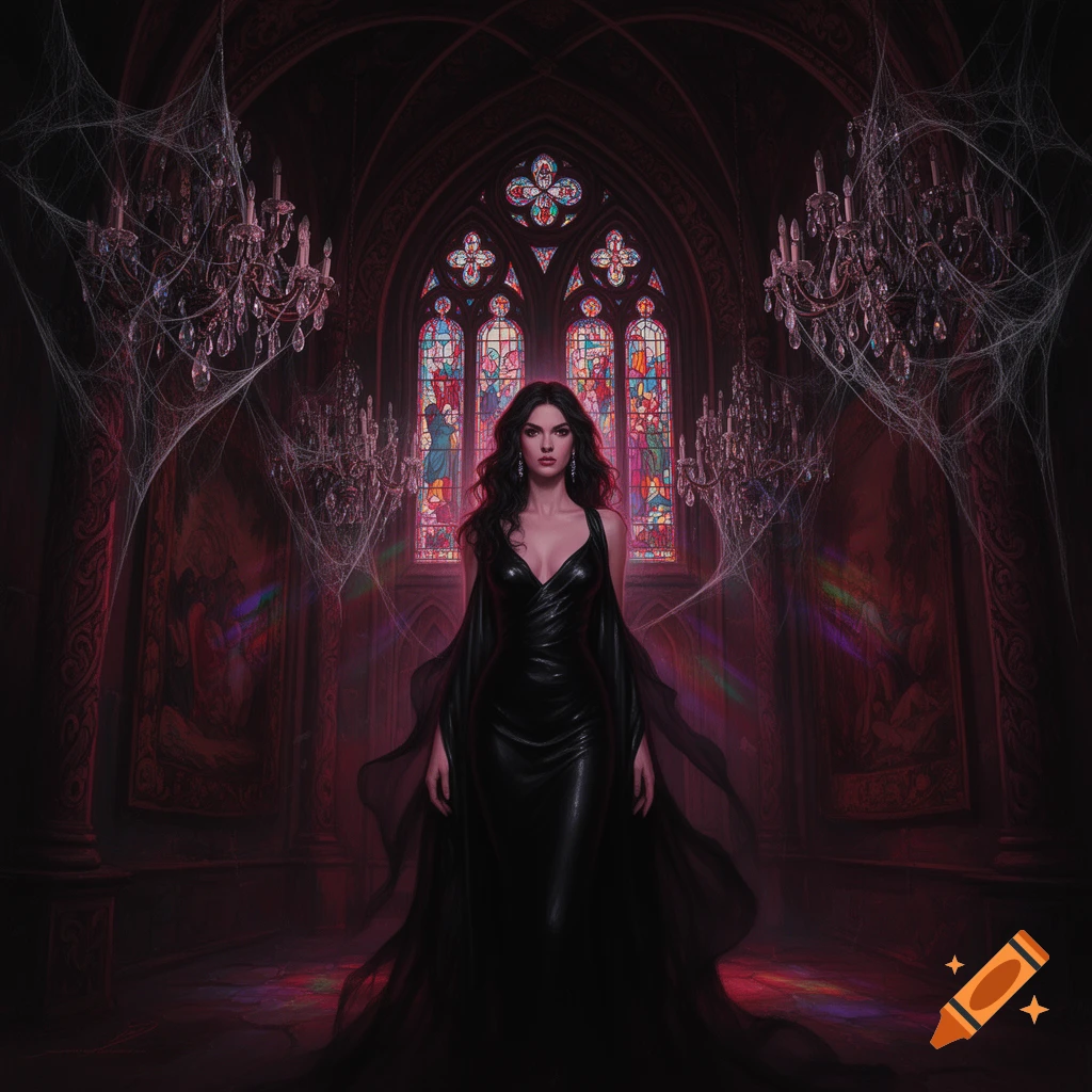 A woman in a flowing black dress stands in a dark, gothic castle with ...