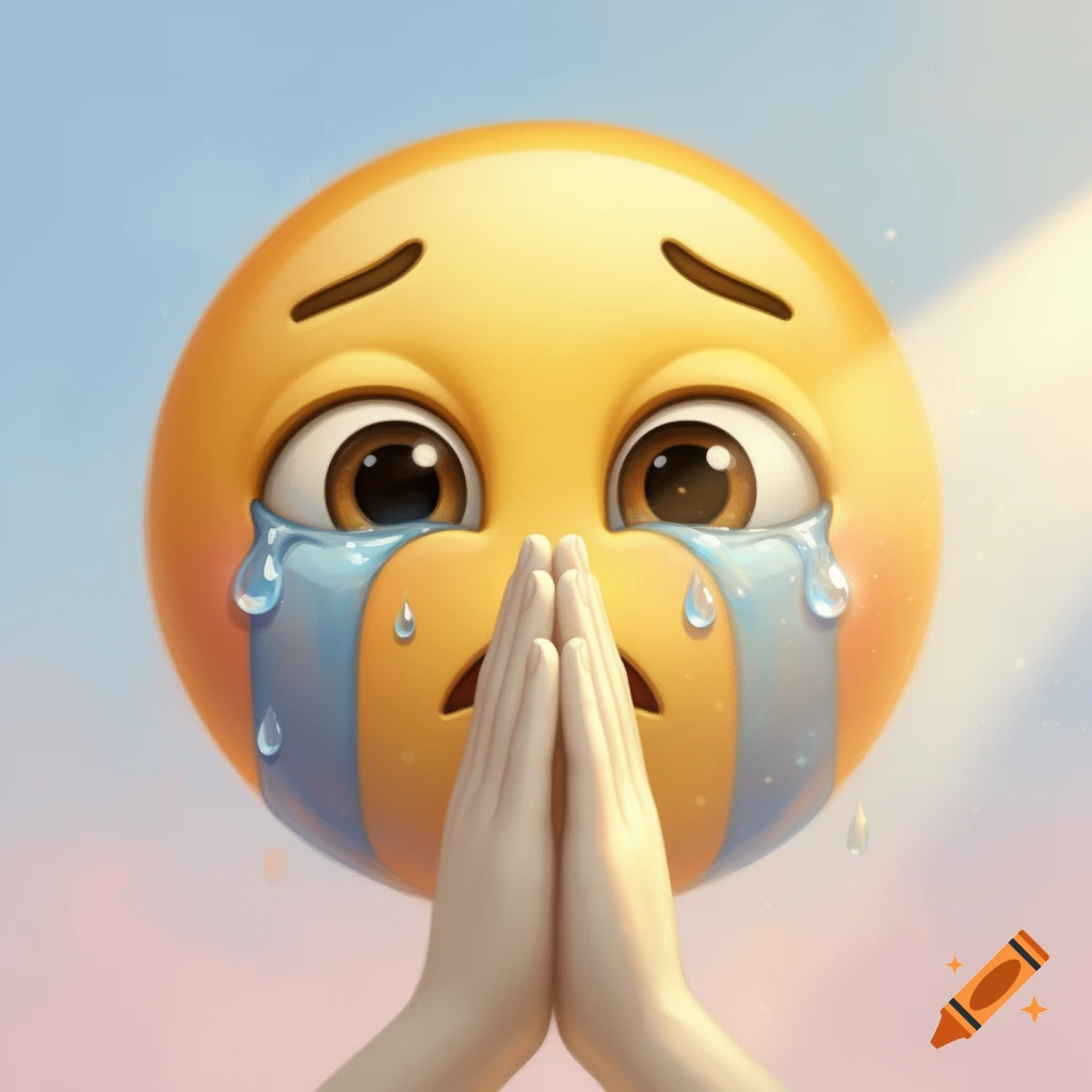 A large 3D crying emoji with tears streaming down its face, two hands clasped in prayer covering its mouth against a soft gradient sky.