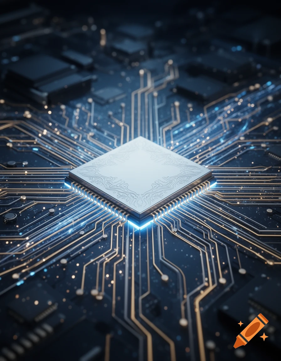 A glowing blue CPU sits centrally on a dark, intricate circuit board with illuminated golden and blue pathways.