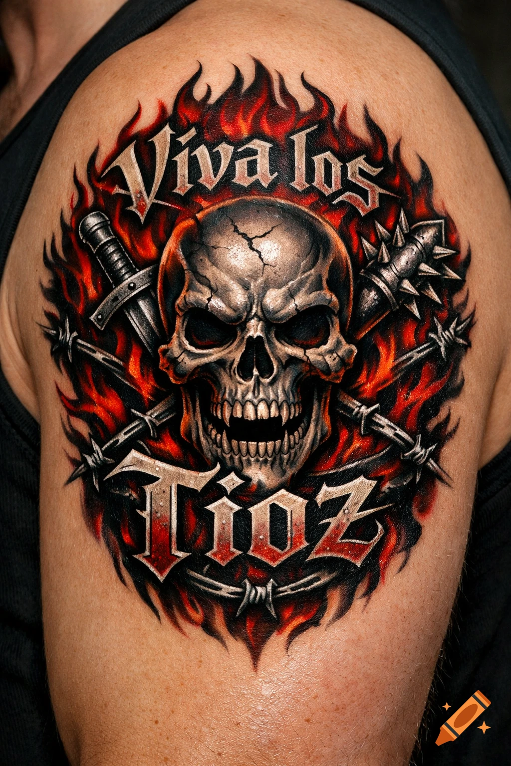 A detailed heavy metal-style tattoo of a skull with fangs, flanked by a sword and mace, engulfed in red flames and barbed wire, on an arm. The text 'Viva los Tioz' is integrated into the design.