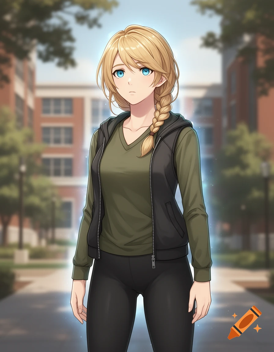 An anime-style woman with braided blonde hair, wearing a green shirt, black vest, and black leggings, stands outside a building on a college campus.