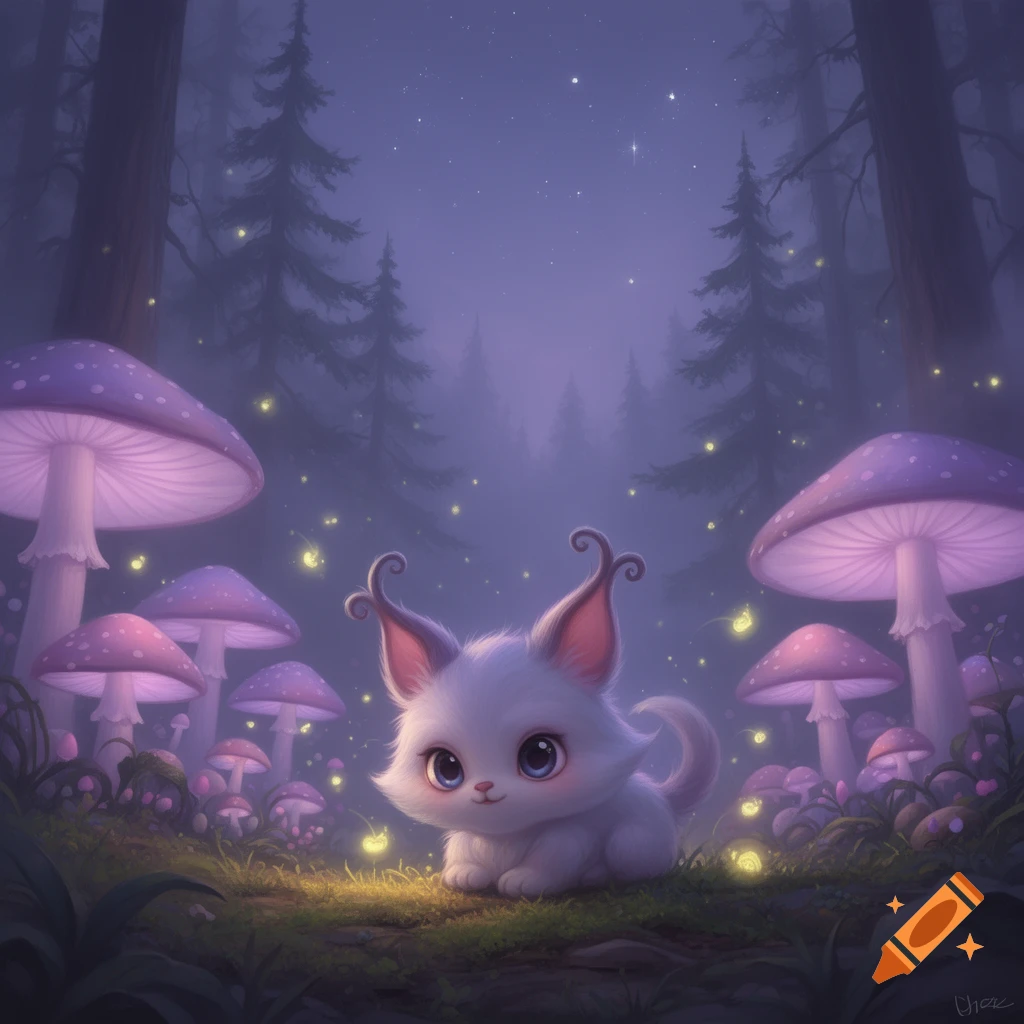 A cute, fluffy white creature with large eyes and ears sits in a magical forest at night, surrounded by glowing purple mushrooms and fireflies.