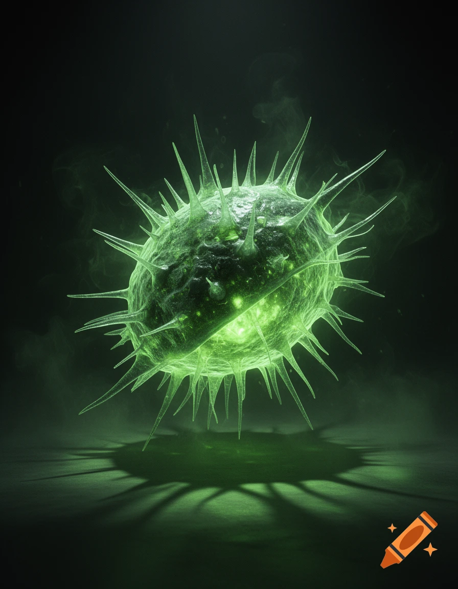 A glowing, spiky, phosphorescent green cell floats in a dark, smoky environment, casting a shadow.