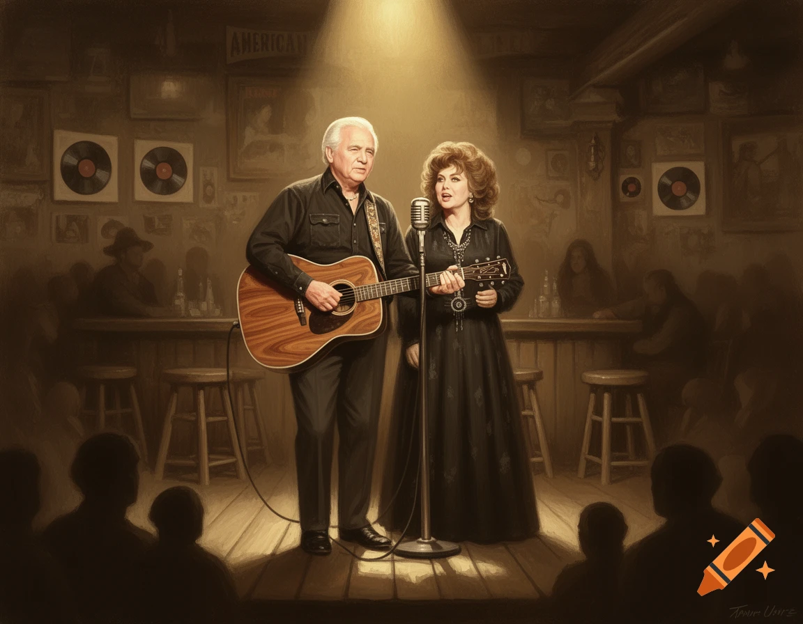 A male country singer with a guitar and a female singer with a mandolin perform on a spotlighted stage in a dimly lit bar.