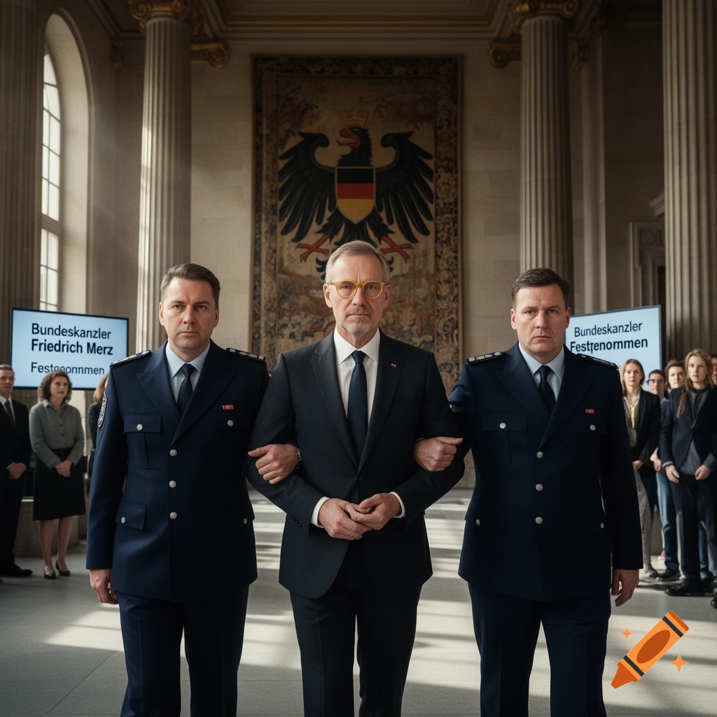 Three men, one in a suit and two in dark uniforms, walk arm-in-arm through a grand hall with classical columns. Screens in the background display German text indicating an arrest.