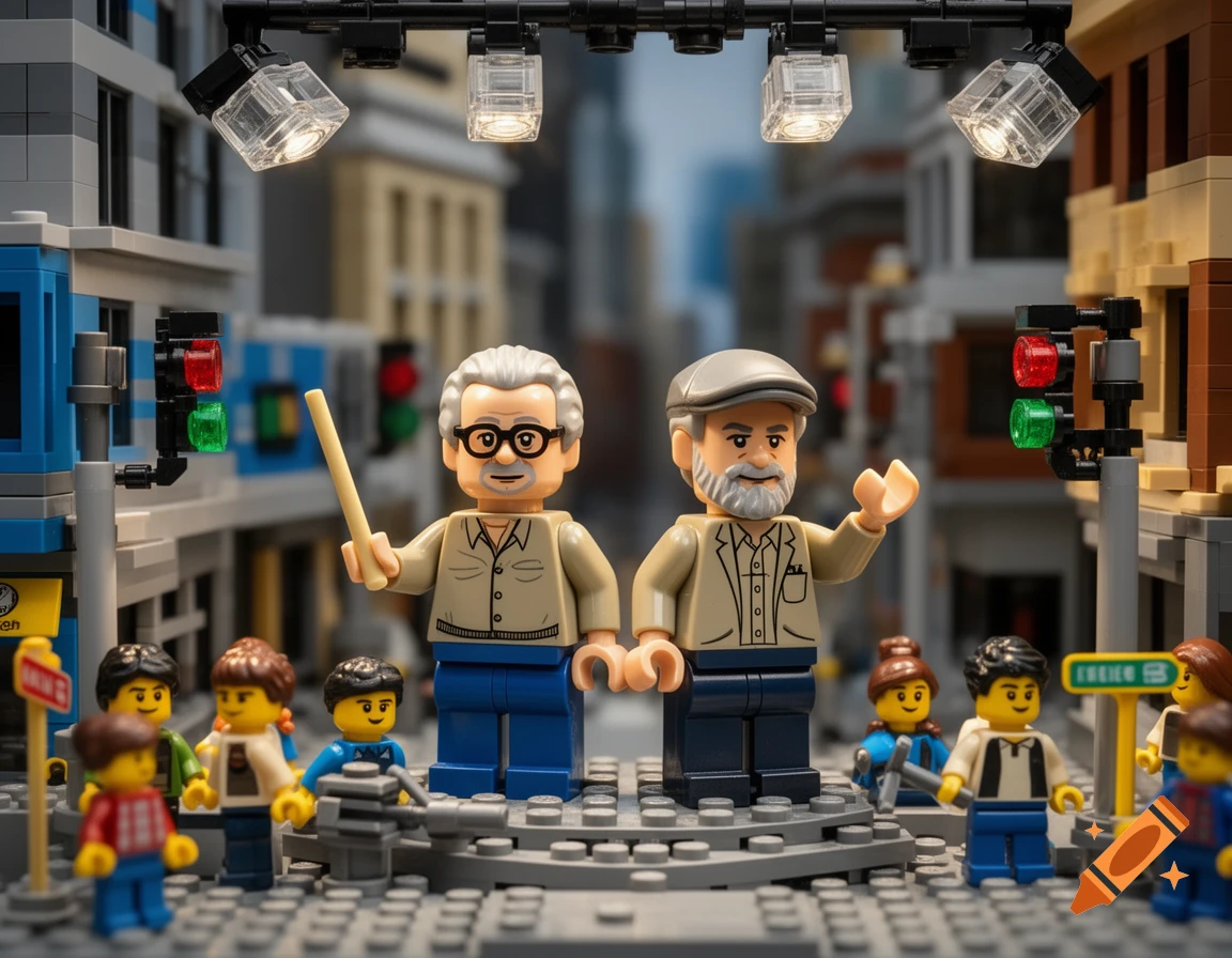 Lego minifigures of John Williams with a baton and Steven Spielberg with a raised hand stand on a city street soundstage, surrounded by other Lego people and traffic lights.