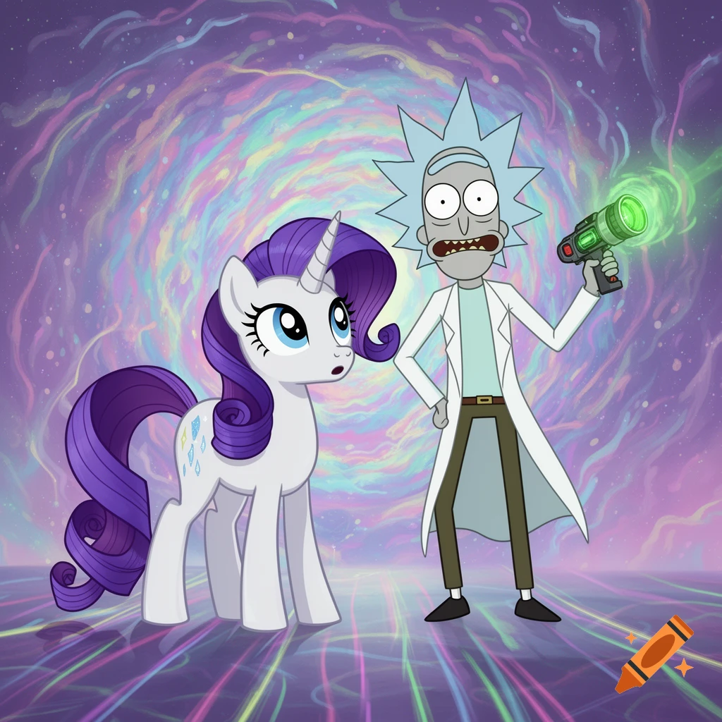 Rarity the unicorn and Rick Sanchez with a laser gun stand against a swirling purple and green cosmic background, cartoon style.