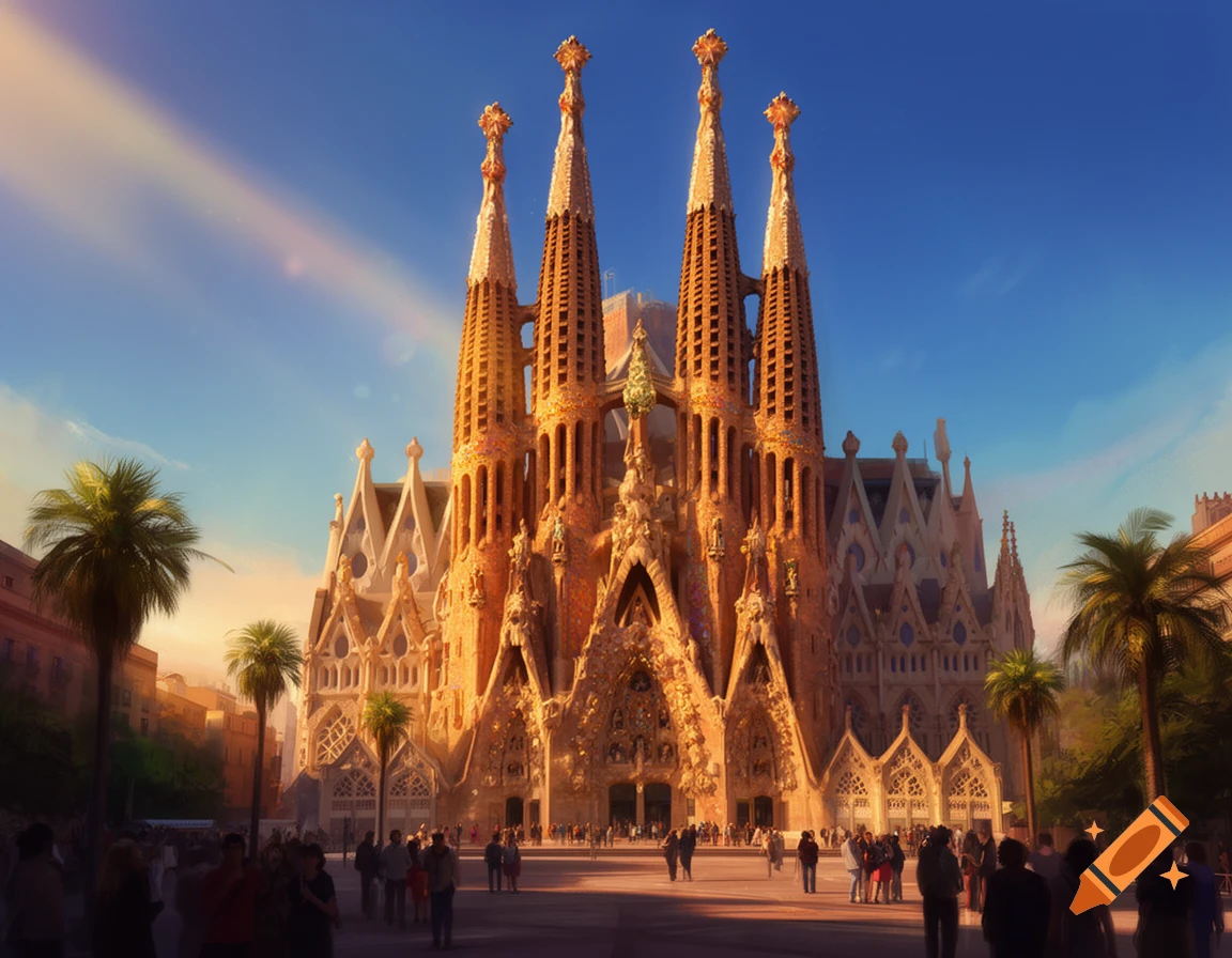 Photorealistic view of Sagrada Familia in Barcelona at sunset, with palm trees and blurred crowds.