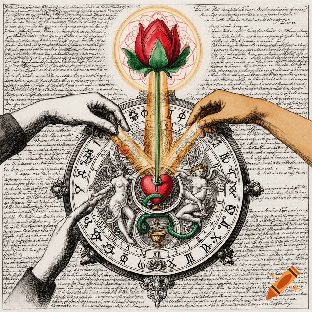Vintage engraving of a clock face with alchemical symbols, blooming lotus, heart, and hands on textured parchment.