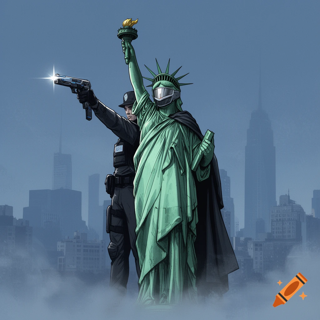 A stylized illustration of the Statue of Liberty wearing a helmet, next to an armed ICE agent pointing a gun in a misty city.