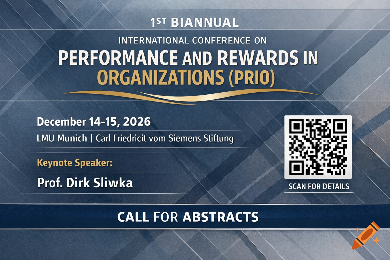 A professional flyer for the 1st Biannual International Conference on Performance and Rewards in Organizations (PRIO), detailing dates, location, keynote speaker, and a QR code for more information.