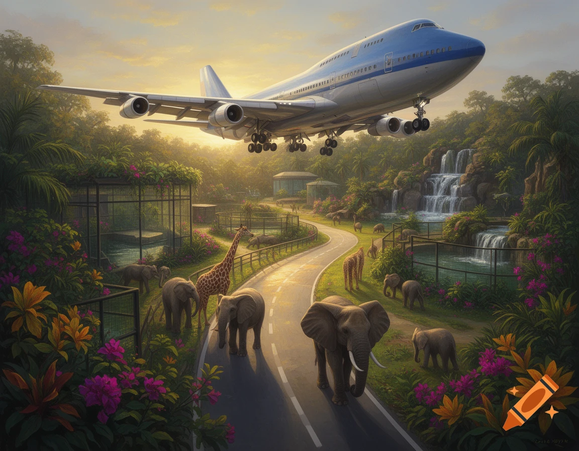 A blue and white 747 airplane flies low over a vibrant zoo, featuring elephants, giraffes, and a waterfall, in golden light.