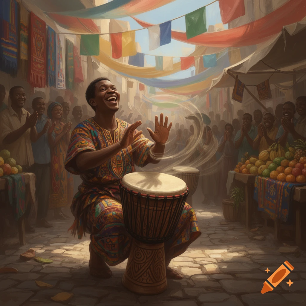 A joyful man plays an African djembe drum in a vibrant market, with onlookers, colorful banners, and fruit stalls under a bright sky, painted style.