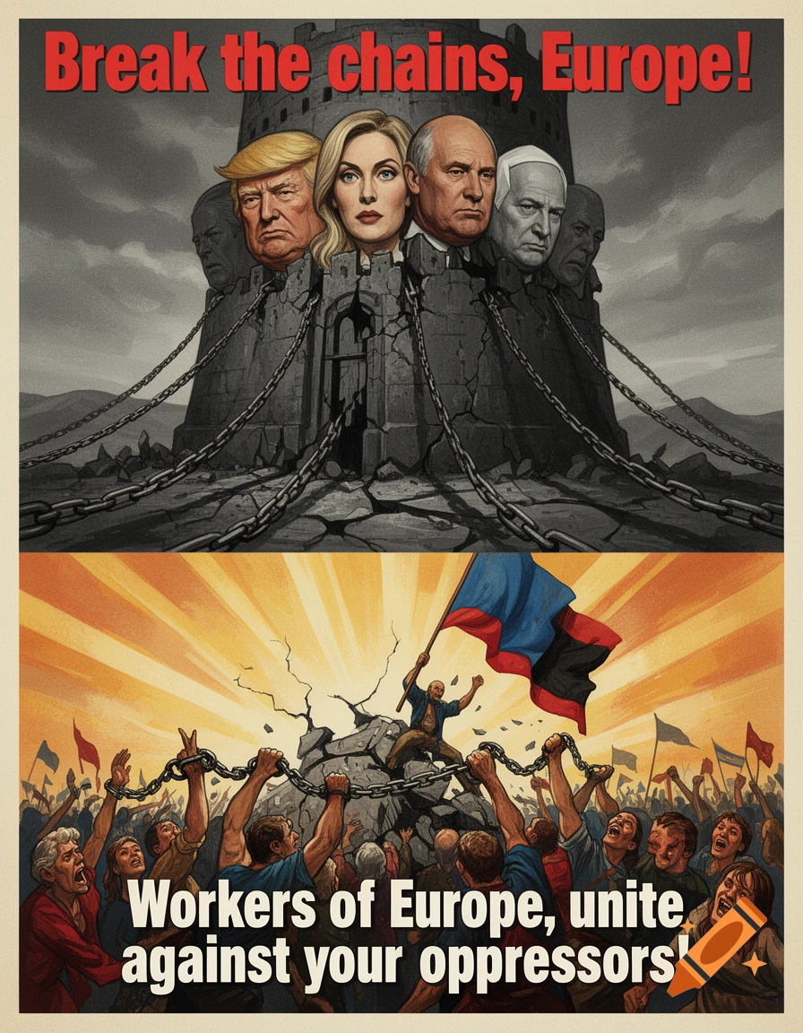 Propaganda poster with caricatures of Donald Trump, Giorgia Meloni, Vladimir Putin, and Benjamin Netanyahu chained to a fortress, with people rebelling below, and text "Break the chains, Europe!" and "Workers of Europe, unite against your oppressors!"
