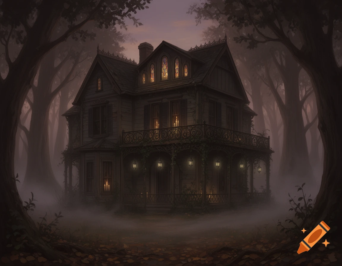 A dark, old Victorian-style house with a balcony and glowing windows, surrounded by a misty, spooky forest.