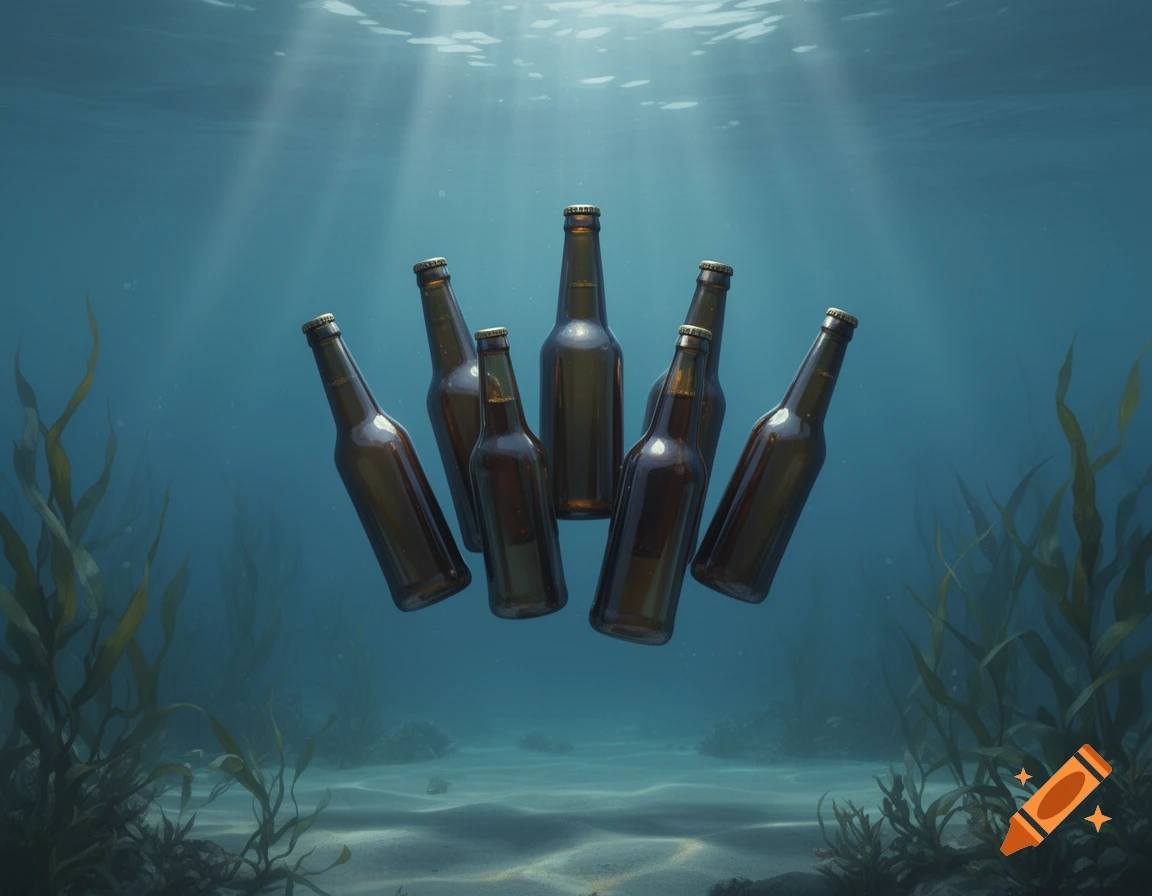 Seven brown beer bottles float submerged in clear blue water with kelp and sun rays. Photorealistic.