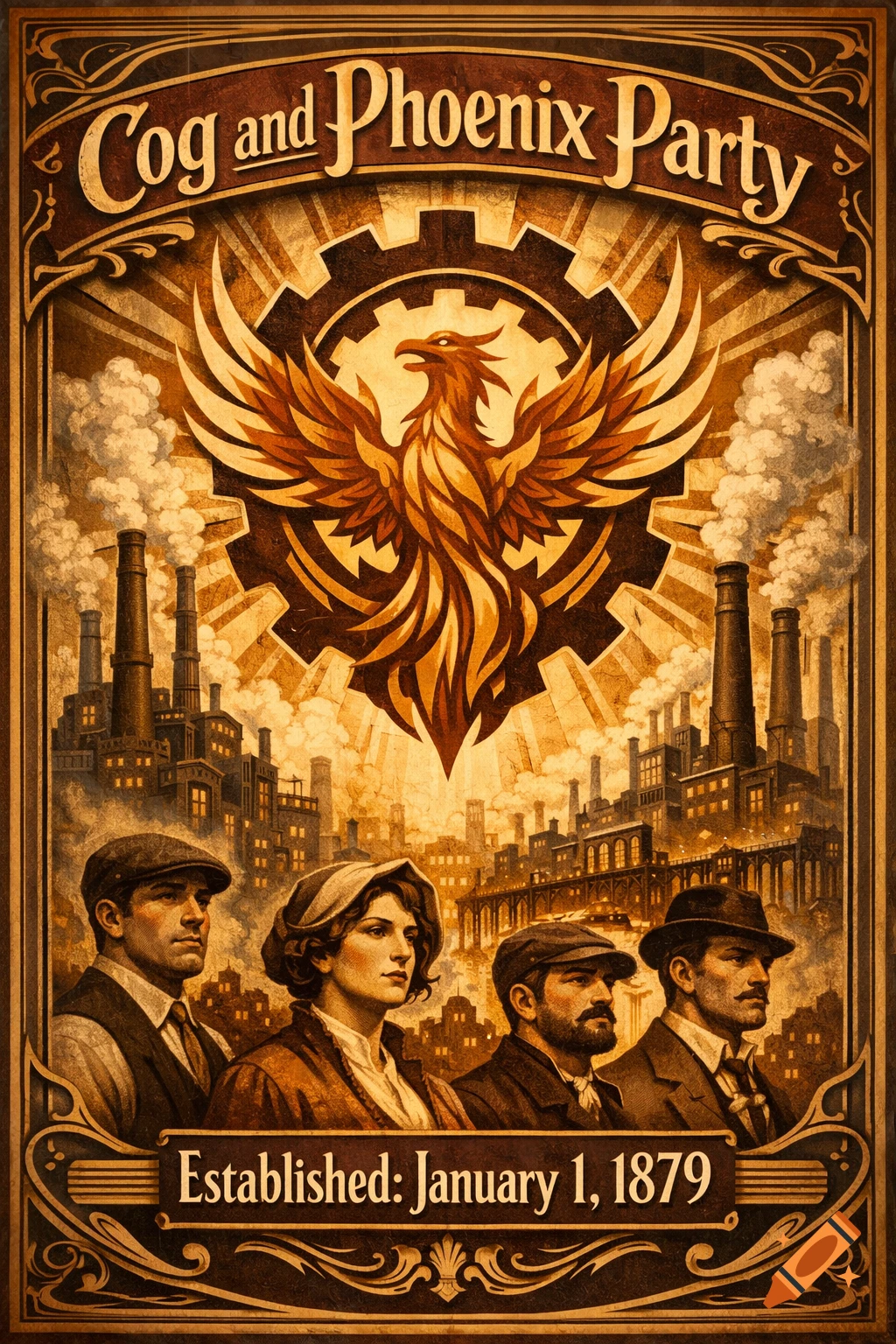 A vintage-style political poster for the 'Cog and Phoenix Party' with a phoenix and gear logo over an industrial city and four people in period attire, established 1879.