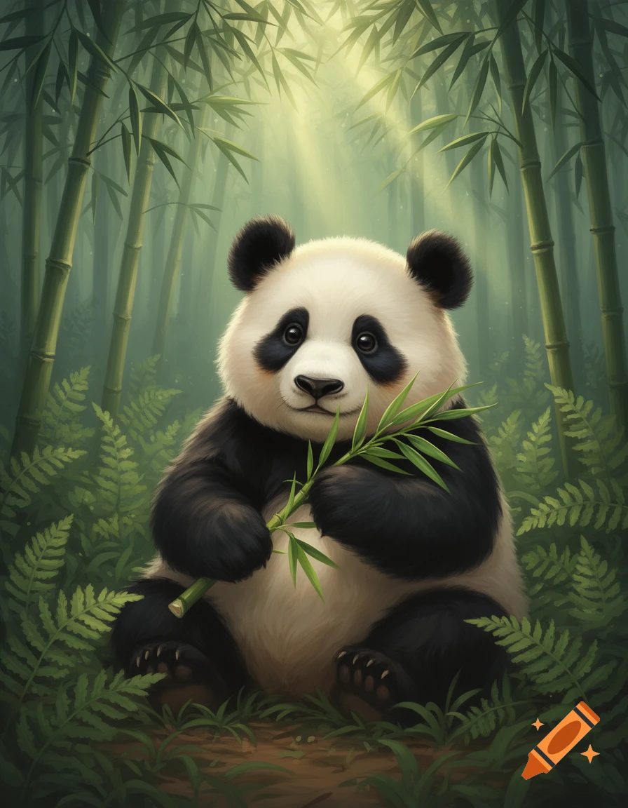 A cute, fluffy panda sits holding bamboo shoots in a vibrant, sunlit bamboo forest illustration.