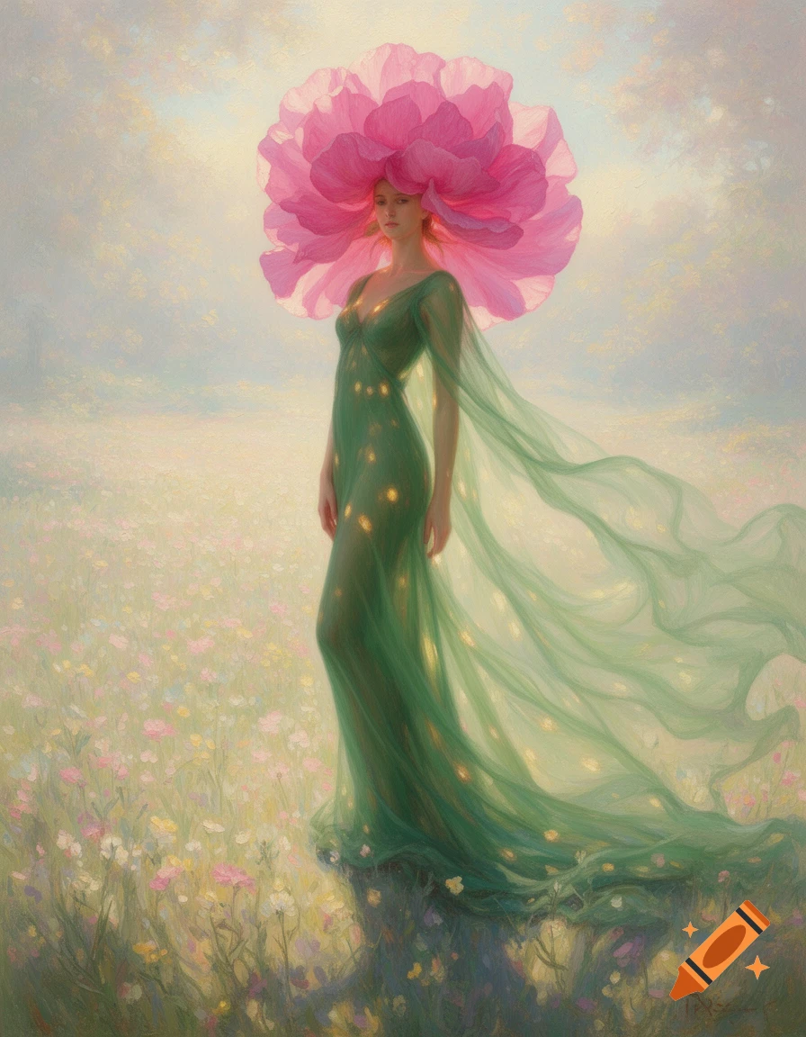 Ethereal woman in a flowing sheer green dress and giant pink flower hat stands in a painterly field of wildflowers.