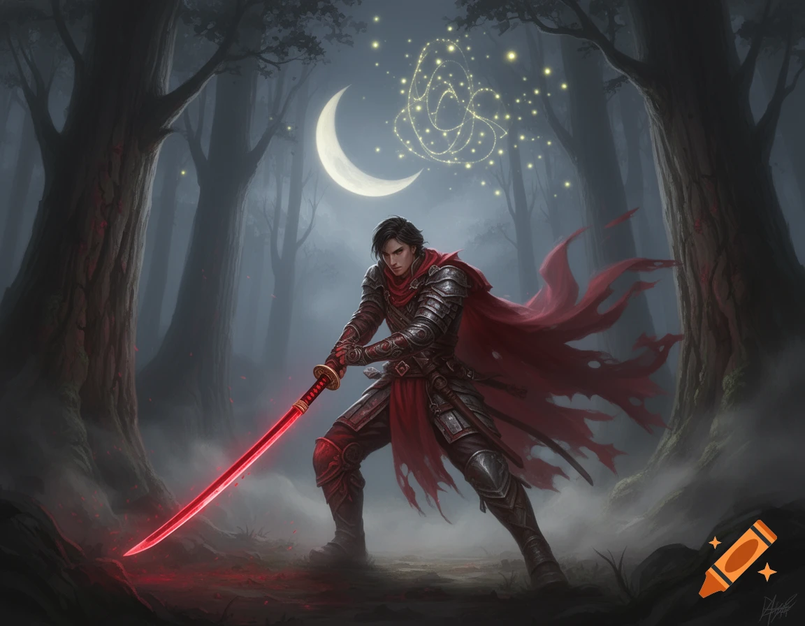 A male warrior in detailed armor and a red cape wields a glowing red katana in a dark, misty forest under a crescent moon with floating magical lights.