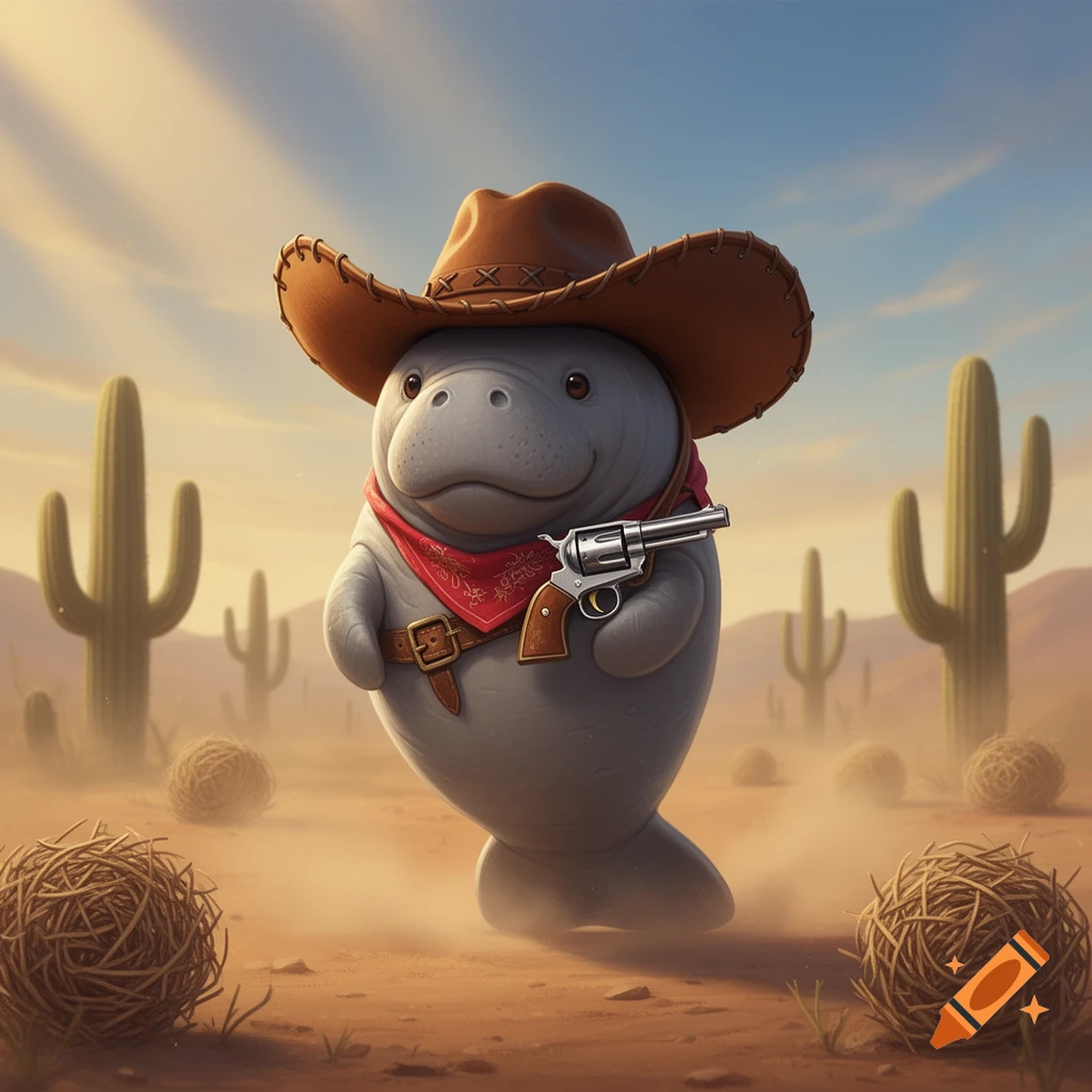 A cute cartoon manatee in a cowboy hat and red bandana holds a silver toy gun in a dusty desert with cacti and tumbleweeds.
