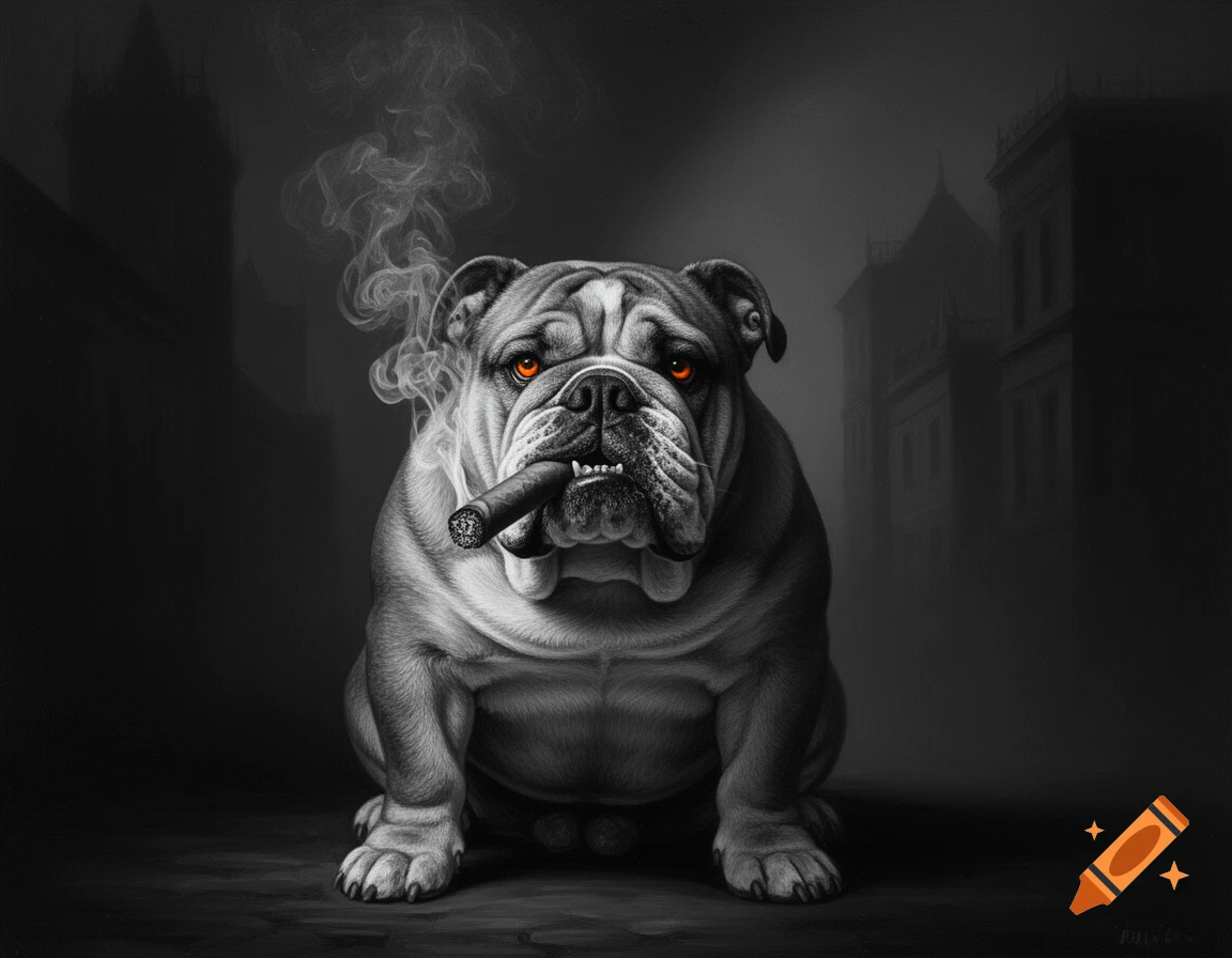 A noir style painting of an English bulldog with glowing orange eyes, smoking a cigar, against a dark, foggy city background.