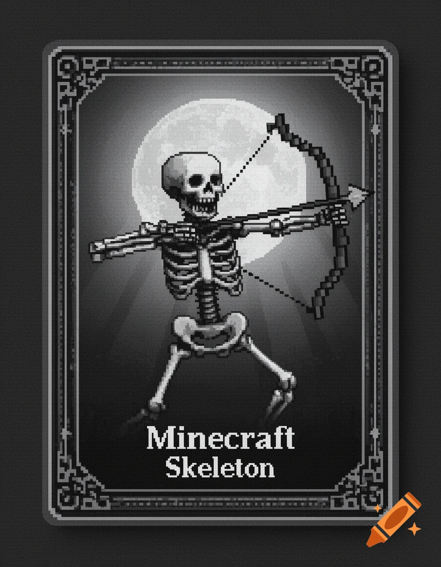 A pixelated black and white playing card featuring a Minecraft skeleton holding a bow and arrow, standing in front of a full moon.
