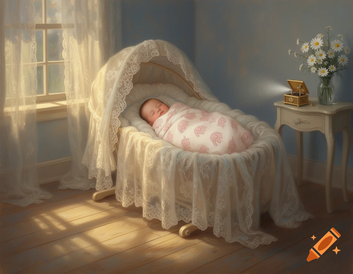 A sleeping baby in a lace-draped bassinet bathed in sunlight, beside a window and a table with a music box and daisies.