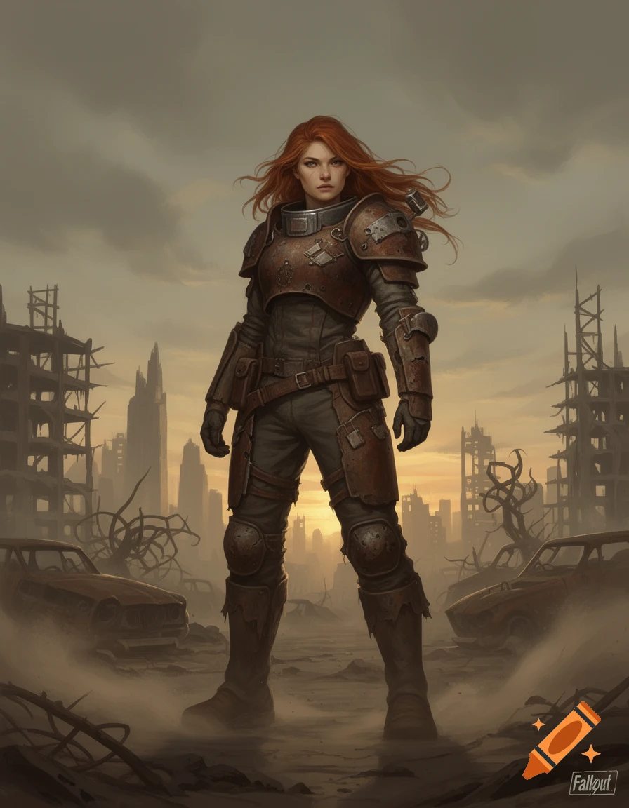 A red-haired woman in rusty power armor stands in a ruined, dusty post-apocalyptic city at sunset, digital painting.