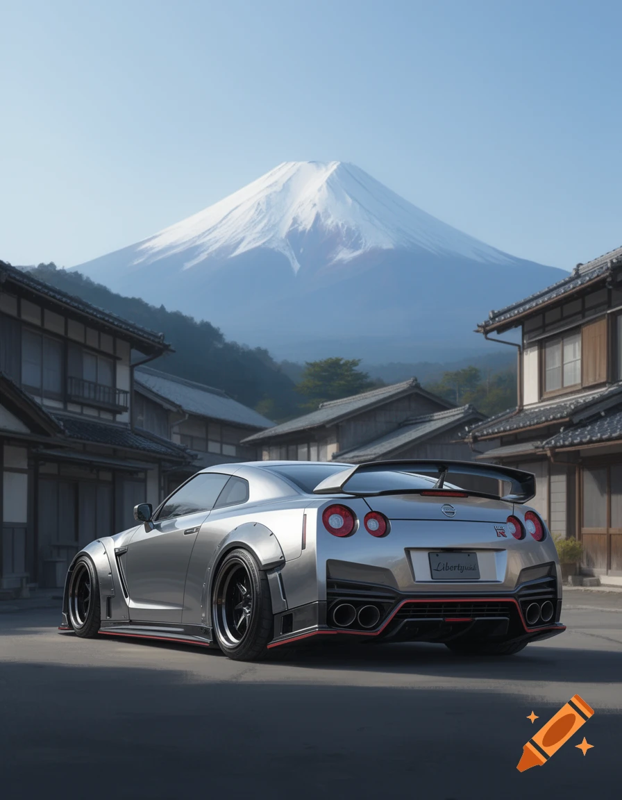 A silver Nissan GT-R Liberty Walk parked in a traditional Japanese village with Mount Fuji in the background, photorealistic style.