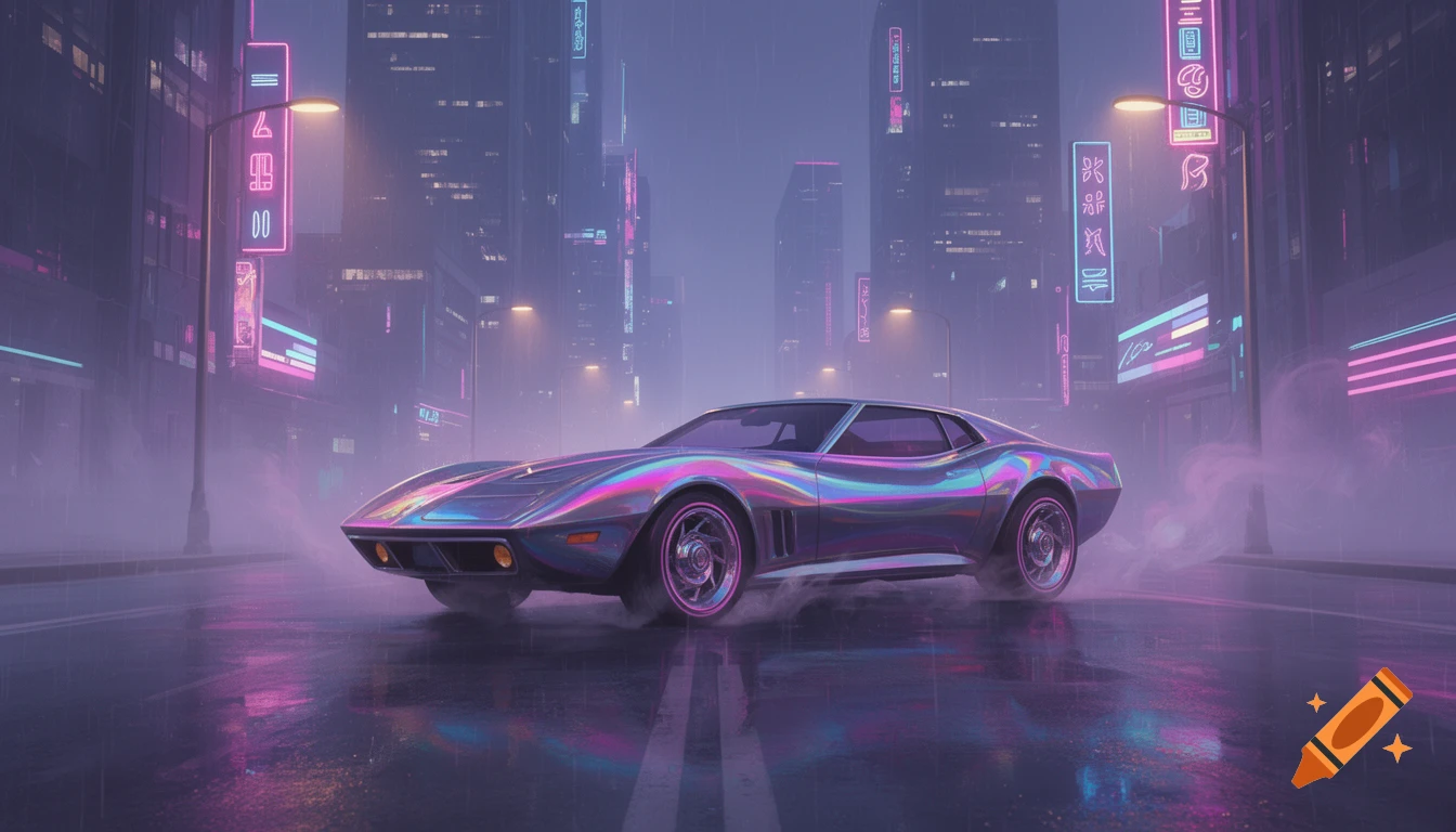 A holographic-colored car drives through a misty synthwave city at night, illuminated by vibrant neon signs.