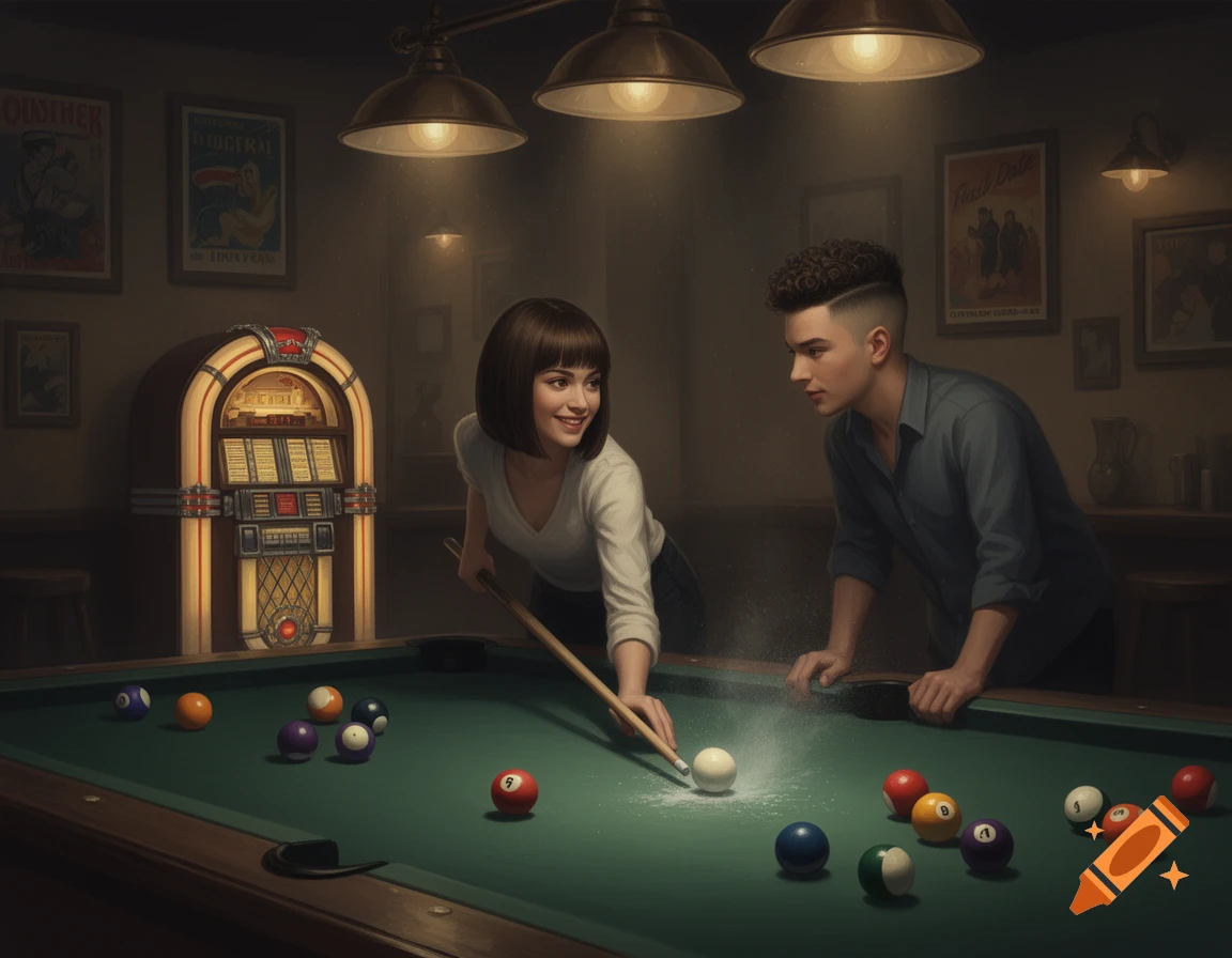 A smiling young woman with a bob haircut takes a shot in a game of pool while a young man with short curly hair watches. They are in a dimly lit billiard hall with a jukebox and posters in the background. Digital art style.