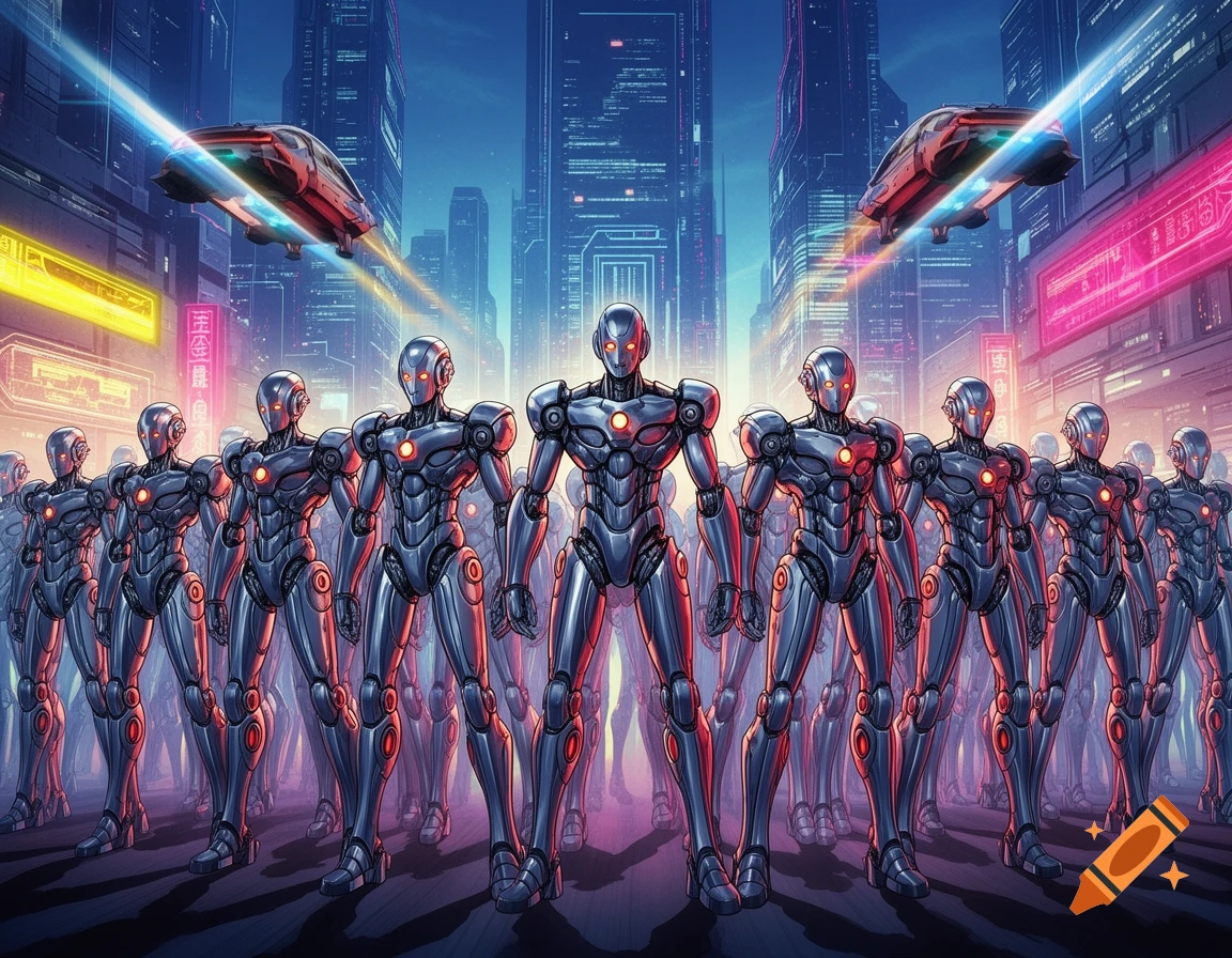 An army of humanoid robots with glowing red eyes and chests stands in a ...