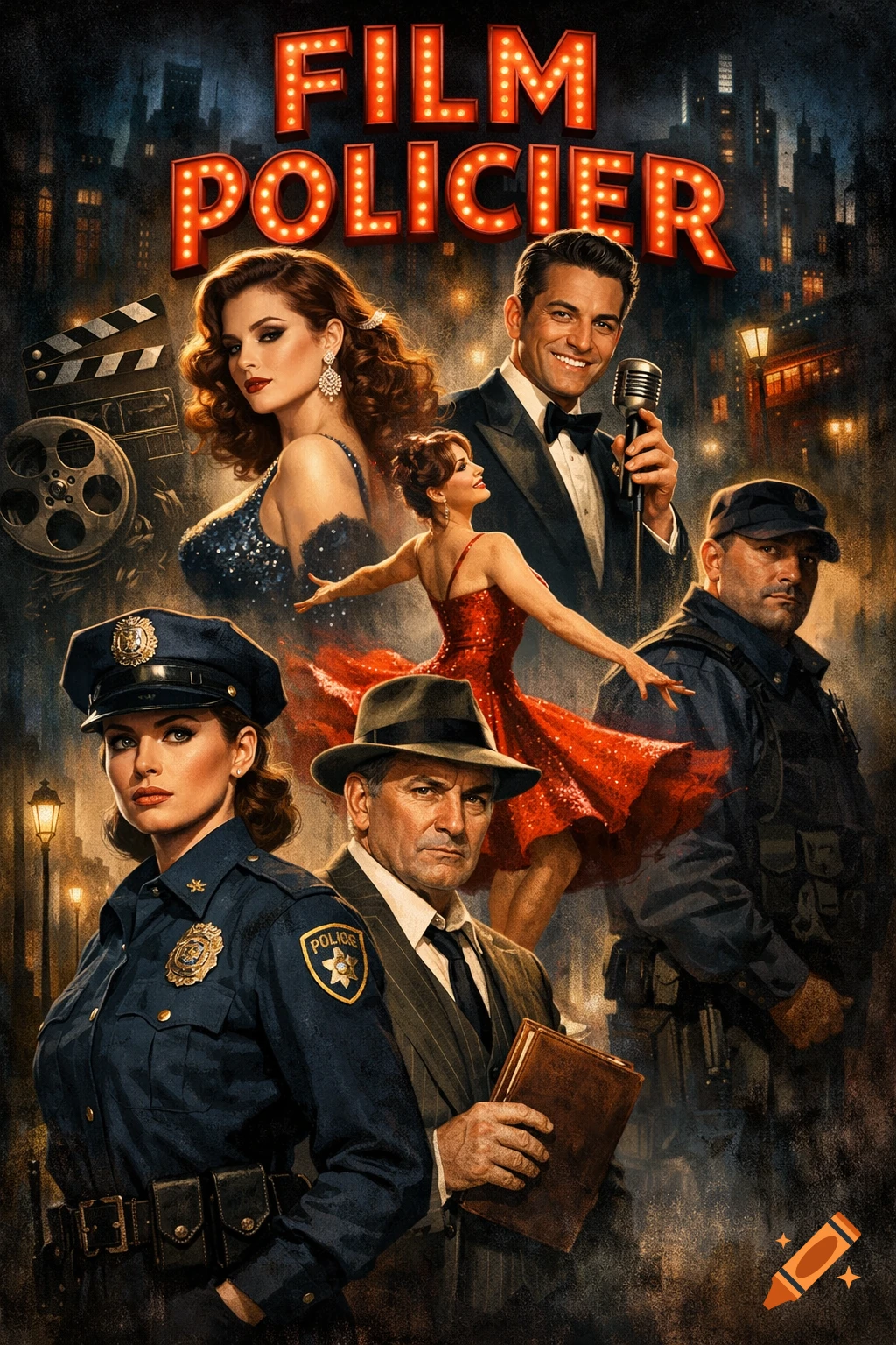 A vintage-style film poster for "FILM POLICIER" depicting a singer, dancer, presenter, police officers, and a man holding a book.
