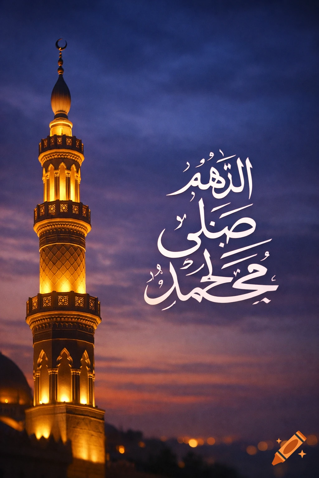 An illuminated mosque minaret stands against a vibrant blue and orange dusk sky, with white Arabic calligraphy on the right.