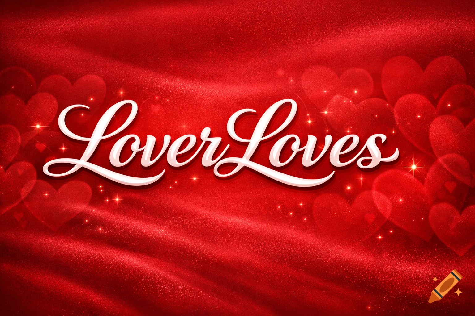 White script text 'Lover Loves' on a shimmering red background with subtle bokeh hearts and sparkles.
