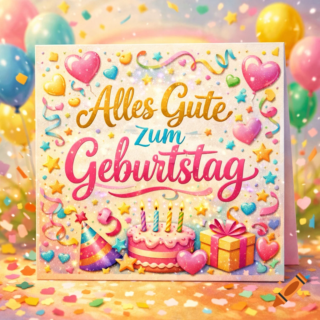 A vibrant birthday card featuring 'Alles Gute Zum Geburtstag' (Happy Birthday) text, a small cake with candles, a wrapped gift, heart balloons, and scattered confetti.