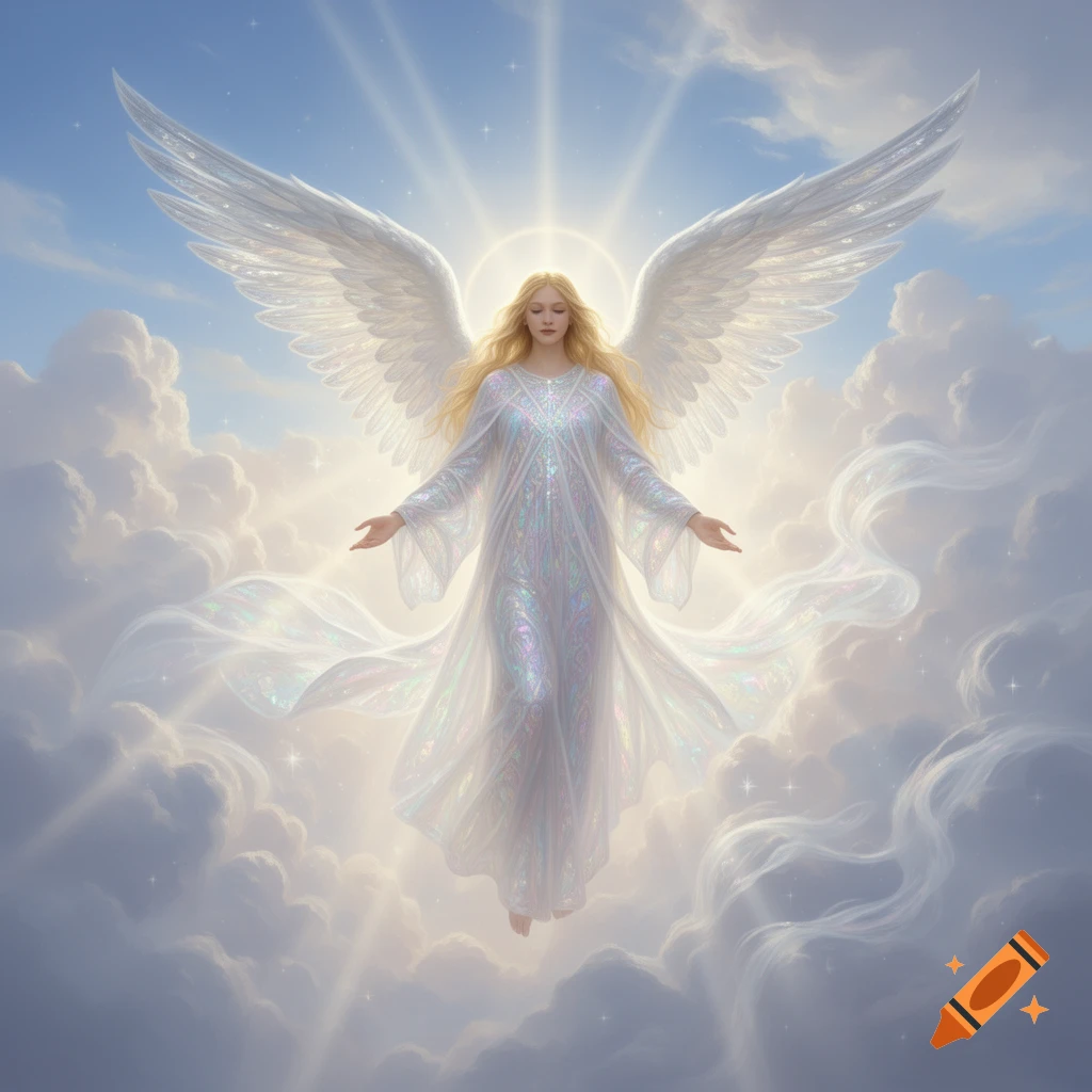 A serene angel with large white wings, long blonde hair, and a shimmering white gown floats among bright, fluffy clouds in a blue sky.