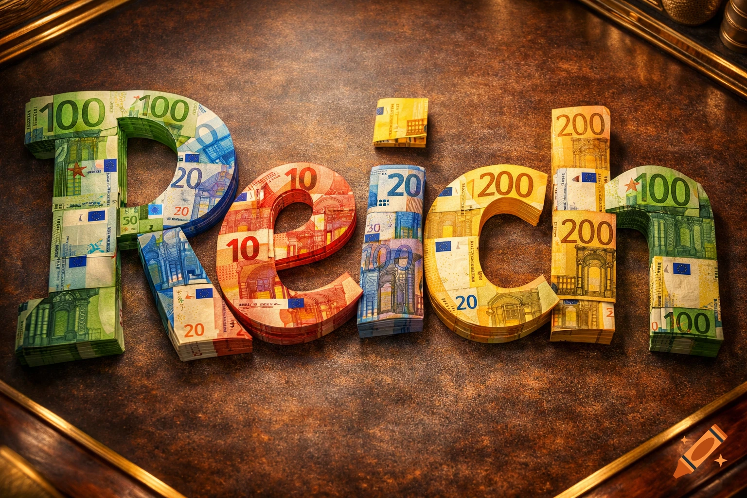Stacked euro banknotes of various denominations arranged to spell out the word 'Reich' on a dark, textured surface.