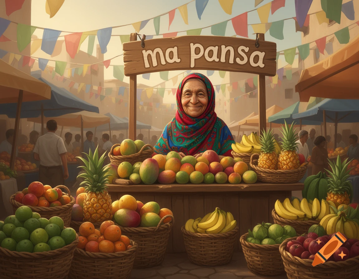 An old woman smiles behind a fruit stall with bananas, pineapples, and other colorful fruits at a bustling outdoor market, a sign reads 'ma pansa'.