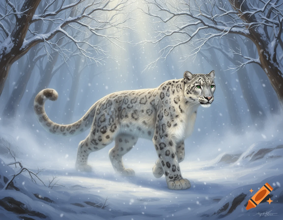A majestic snow leopard walks through a frosty winter forest with snow ...