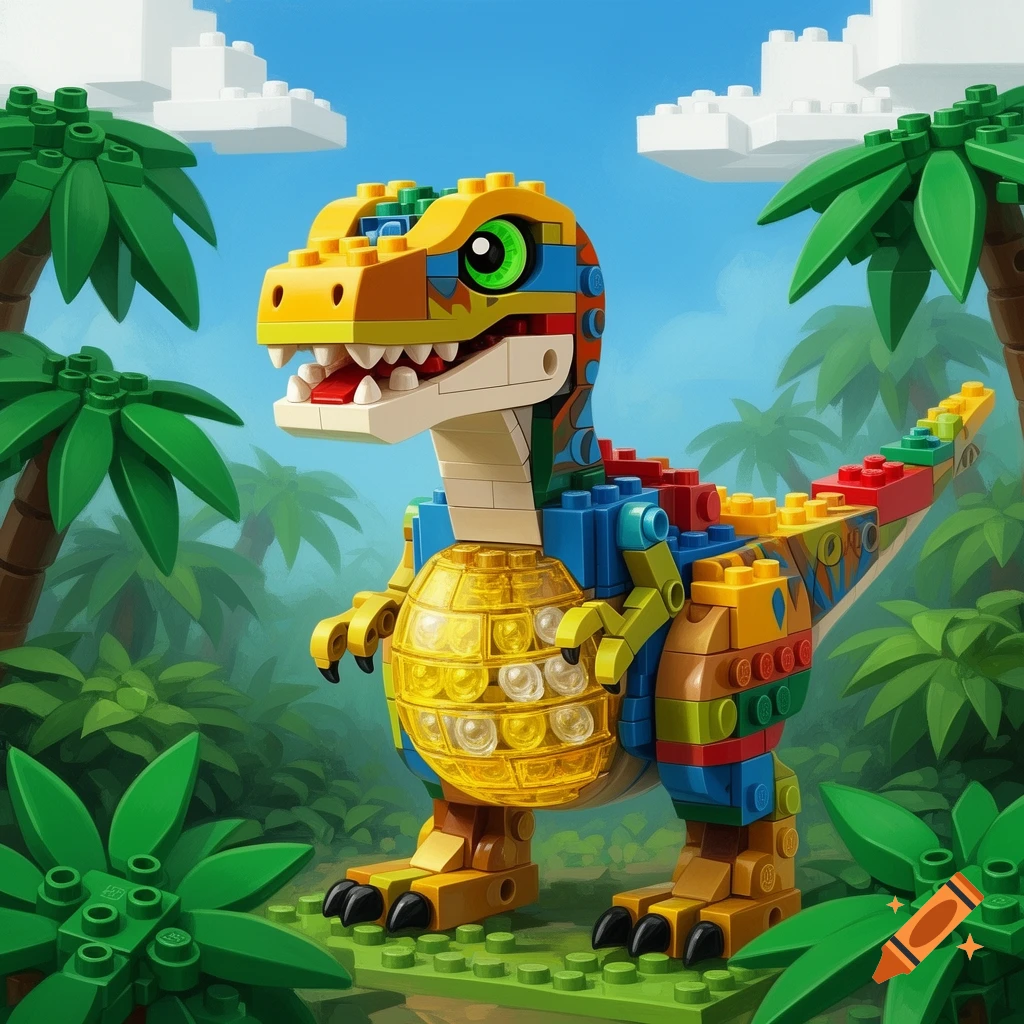 A colorful Lego dinosaur, possibly a pregnant velociraptor, stands in a vibrant Lego jungle with blocky trees and clouds.
