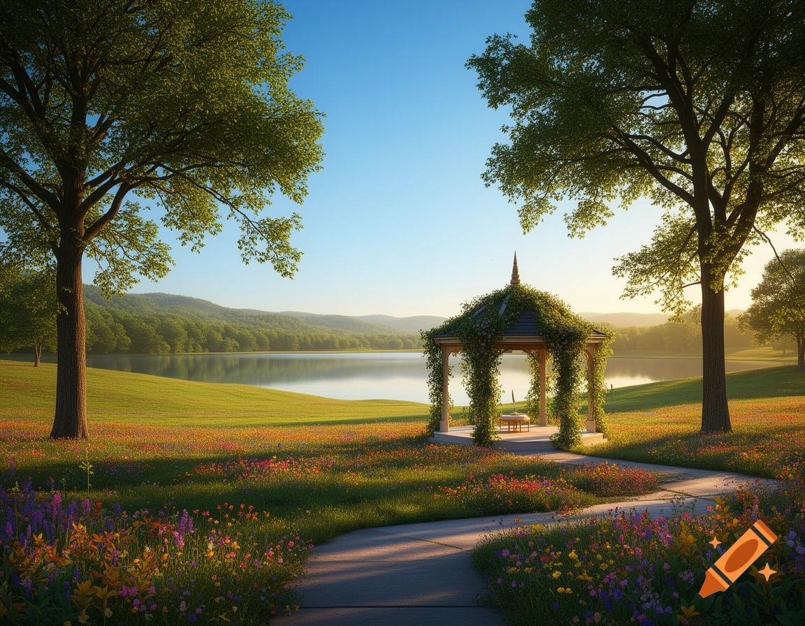 A serene, photorealistic landscape with a lake, rolling hills, and a vibrant field of wildflowers, featuring a vine-covered gazebo and a winding path.