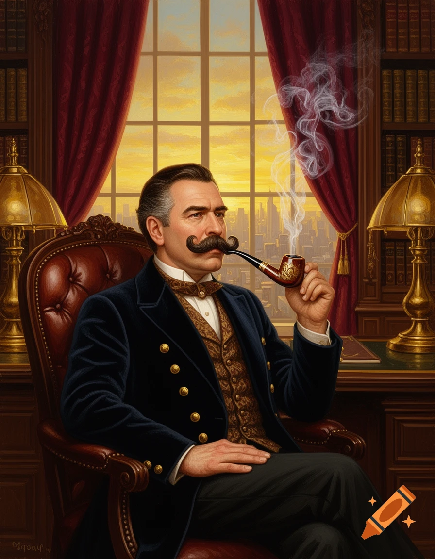 A distinguished man with a large mustache and velvet jacket smokes a pipe in a luxurious room, with a city skyline view at sunset.